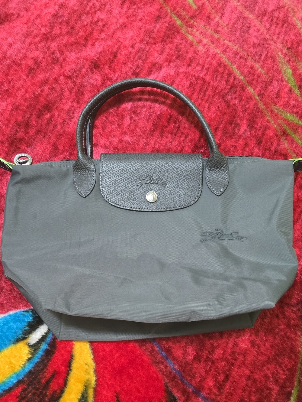 Longchamp Gray Nylon Small Tote with Textured Leather Trim